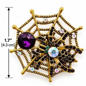 Halloween Jewelry Spider Web Brooch Purple Rhinestone Gold Tone NWT 1 3/4"